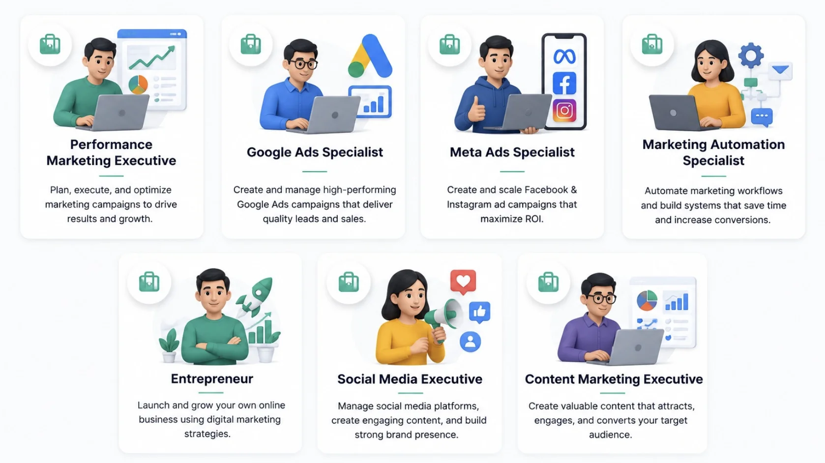 Career opportunities in digital marketing: Performance Marketing Executive — Plan, execute, and optimize marketing campaigns to drive results and growth. Google Ads Specialist — Create and manage high-performing Google Ads campaigns that deliver quality leads and sales. Meta Ads Specialist — Create and scale Facebook & Instagram ad campaigns that maximize ROI. Marketing Automation Specialist — Automate marketing workflows and build systems that save time and increase conversions. Entrepreneur — Launch and grow your own online business using digital marketing strategies. Social Media Executive — Manage social media platforms, create engaging content, and build strong brand presence. Content Marketing Executive — Create valuable content that attracts, engages, and converts your target audience.